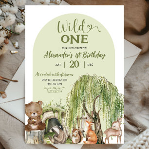 Sage Green Wild One Woodland Animals 1st Birthday Invitation