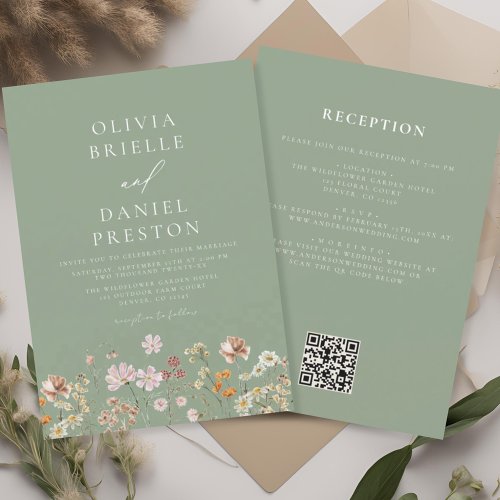 Sage Green Wildflower All in One QR Code Wedding Invitation