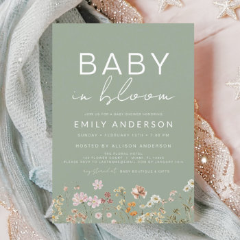 Sage Green Wildflower Baby In Bloom Baby Shower Invitation by Hot_Foil_Creations at Zazzle