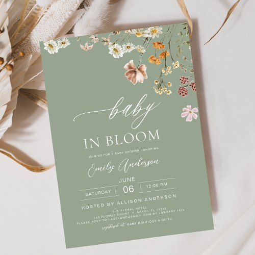 Wildflower Sage green Floral or wildflower baby shower invitation