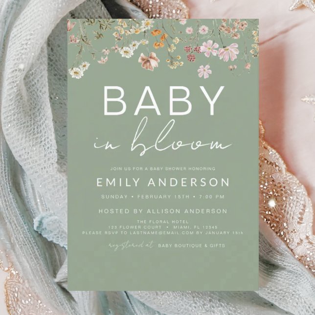 Sage Green Wildflower Baby in Bloom Baby Shower Invitation (Creator Uploaded)