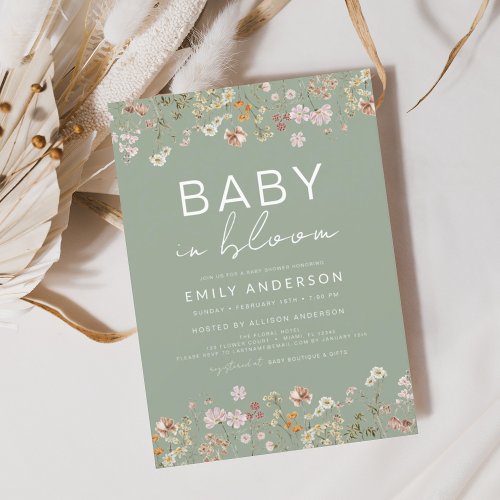 Sage Green Wildflower Baby in Bloom Baby Shower Invitation