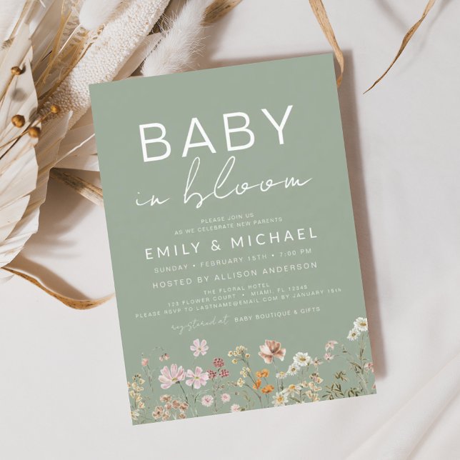 Sage Green Wildflower Baby in Bloom Baby Shower Invitation (Creator Uploaded)
