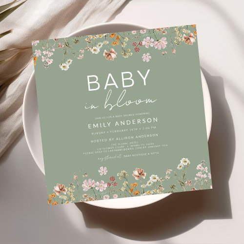 Wildflower Sage green Floral or wildflower baby shower invitation