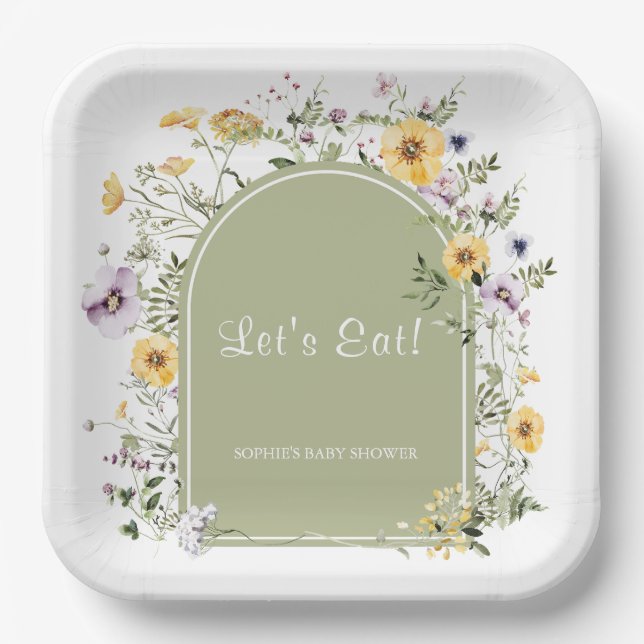 Sage Green Wildflower Baby In Bloom Baby Shower Paper Plates (Front)