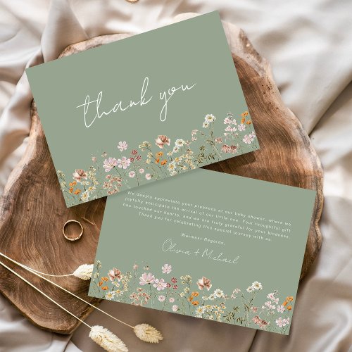 Sage Green Wildflower Baby in Bloom Baby Shower Thank You Card