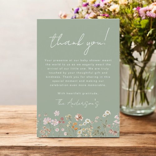 Sage Green Wildflower Baby in Bloom Baby Shower Thank You Card by Pretty Girly Designs