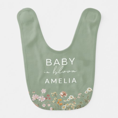 Sage Green Wildflower Baby in Bloom Floral  Baby Bib