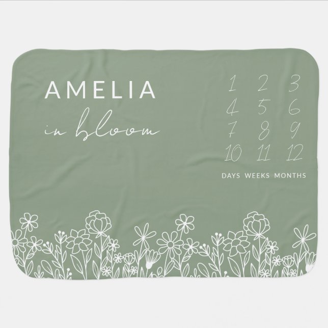 Sage Green Wildflower Baby in Bloom Floral  Baby Blanket (Horizontal)
