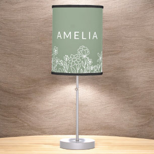 Sage Green Wildflower Baby in Bloom Floral  Table Lamp