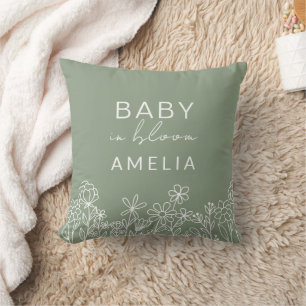 Sage Green Wildflower Baby in Bloom Floral Throw Pillow