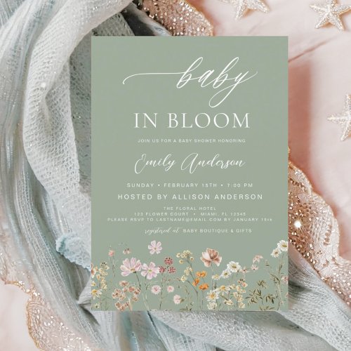 Sage Green Wildflower Baby in Bloom Invitation