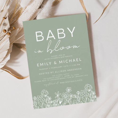 Sage Green Wildflower Baby in Bloom Shower Invitation