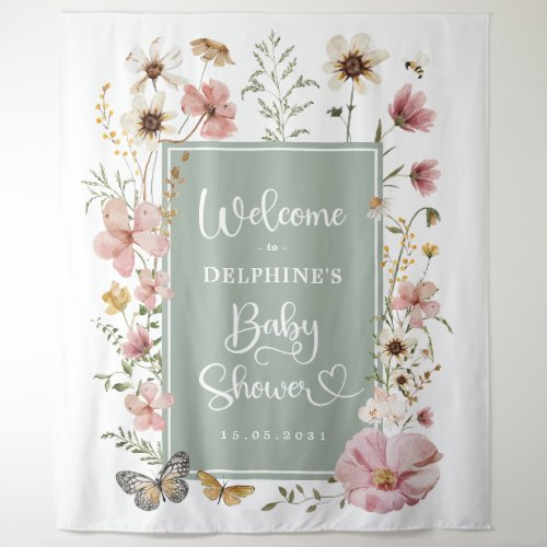 Sage Green Wildflower Baby in Bloom Shower Welcome Tapestry