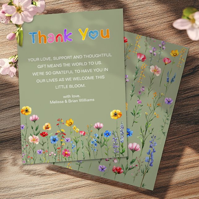 Sage Green Wildflower Baby in Bloom Thank You Card (Wildflowers Thank You Card)