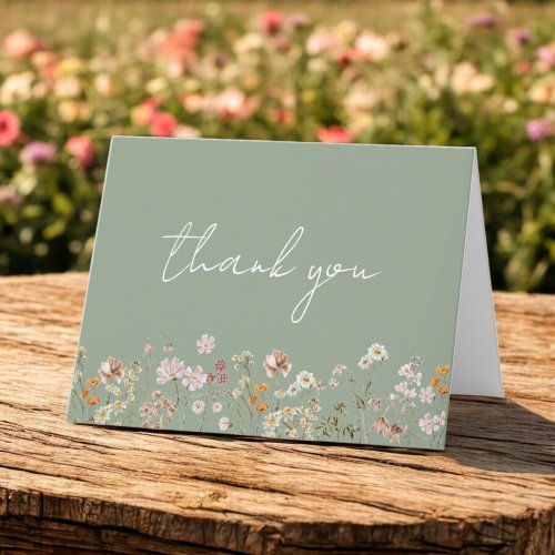 Sage Green Wildflower Baby Shower Garden Thank You Card by Pretty Girly Designs