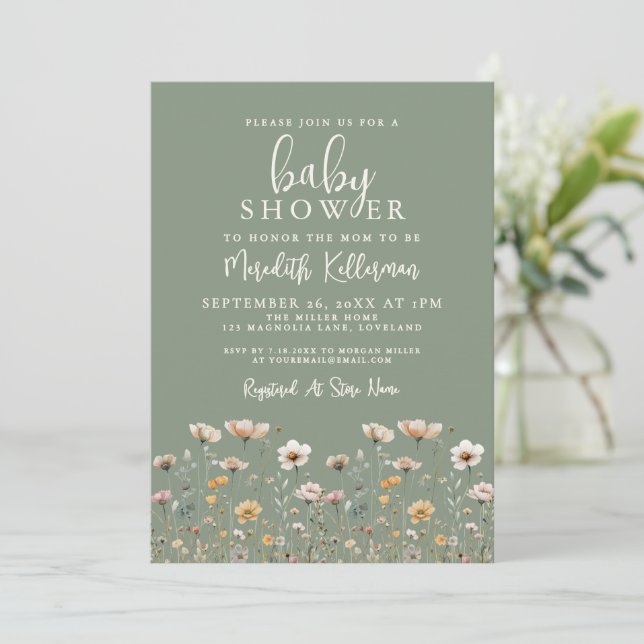 Sage Green Wildflower Baby Shower Invitation (Standing Front)