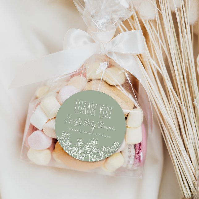 Sage Green Wildflower Baby Shower Thank You Favor Classic Round Sticker (Creator Uploaded)