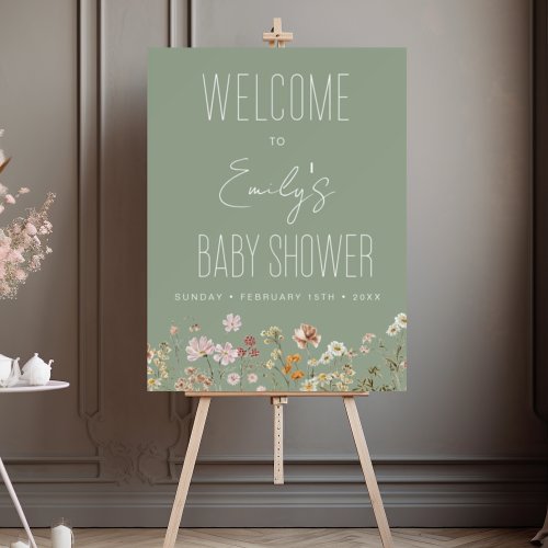 Sage Green Wildflower Baby Shower Welcome Sign