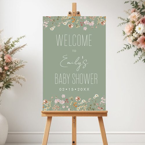 Sage Green Wildflower Baby Shower Welcome Sign by Pretty Girly Designs