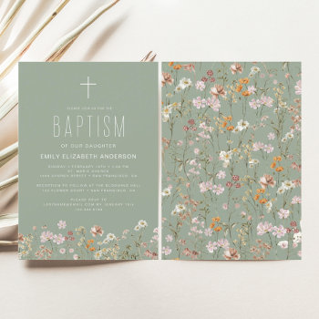 Sage Green Wildflower Baptism Garden In Bloom  Invitation by Hot_Foil_Creations at Zazzle