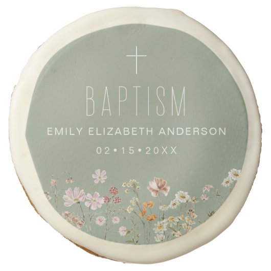 Sage Green Wildflower Baptism Garden In Bloom Sugar Cookie (Front)