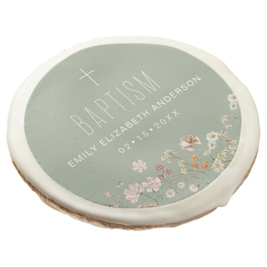 Sage Green Wildflower Baptism Garden In Bloom Sugar Cookie (Angled)