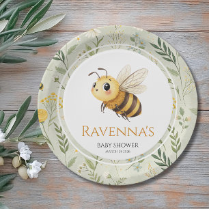 Sage Green Wildflower Bee Custom Name Baby Shower Paper Plates
