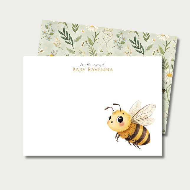 Sage Green Wildflower Bee Custom Name Nursery  Note Card (Creator Uploaded)