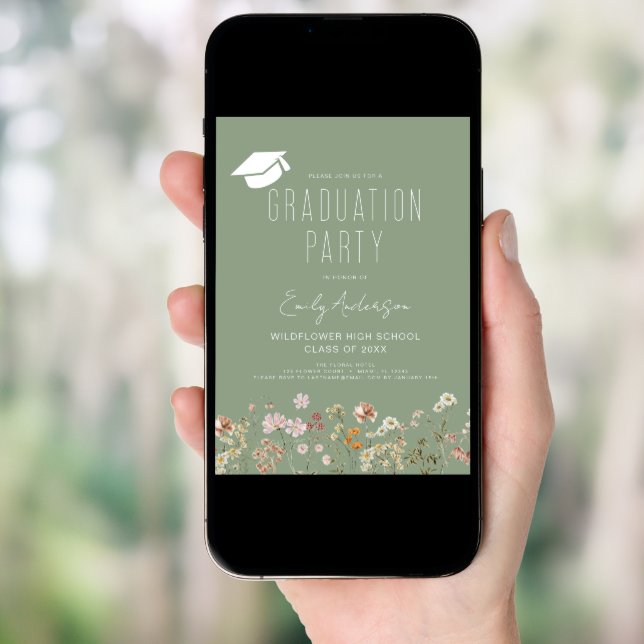 Sage Green Wildflower Bloom Graduation Party Boho Invitation (Front Digital)