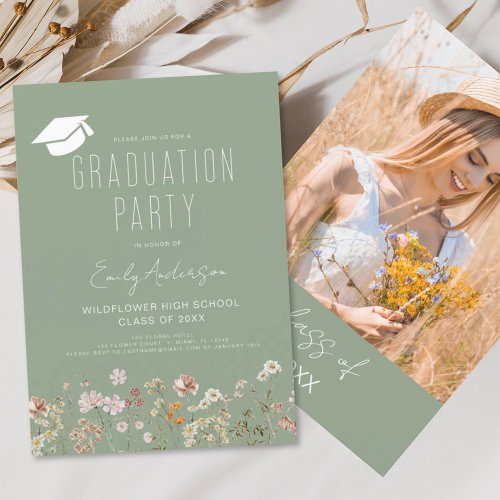 Sage Green Wildflower Bloom Graduation Party Boho Invitation
