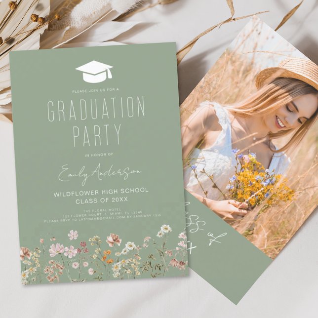 Sage Green Wildflower Bloom Graduation Party Boho Invitation (Creator Uploaded)