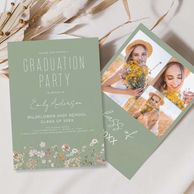 Sage Green Wildflower Bloom Graduation Party Photo Invitation (Creator Uploaded)