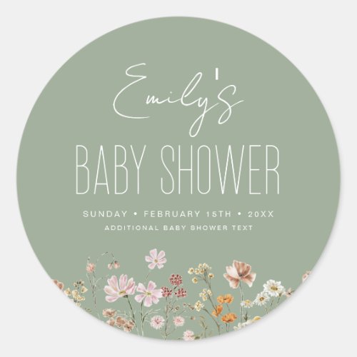 Sage Green Wildflower Boho Baby Shower in Bloom Classic Round Sticker by Pretty Girly Designs