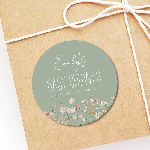 Sage Green Wildflower Boho Baby Shower In Bloom Classic Round Sticker