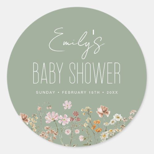 Sage Green Wildflower Boho Baby Shower In Bloom Classic Round Sticker