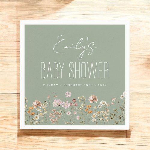 Sage Green Wildflower Boho Baby Shower In Bloom Napkins