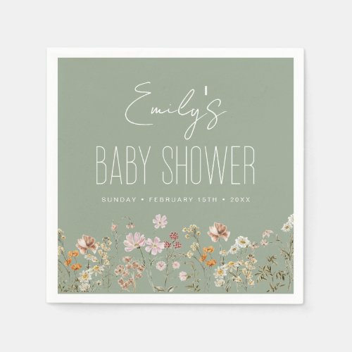 Sage Green Wildflower Boho Baby Shower In Bloom Napkins