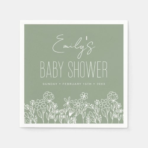 Sage Green Wildflower Boho Baby Shower in Bloom Napkins by Pretty Girly Designs
