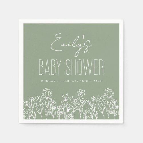 Sage Green Wildflower Boho Baby Shower In Bloom Napkins
