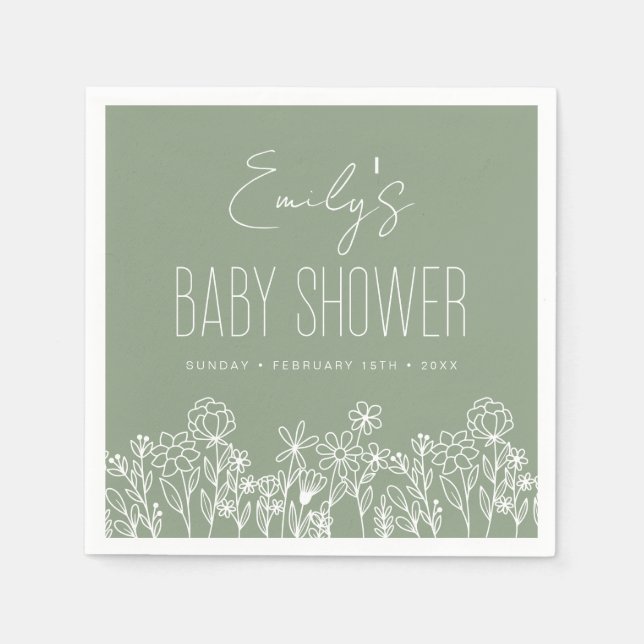 Sage Green Wildflower Boho Baby Shower In Bloom Napkins (Front)