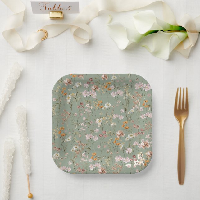 Sage Green Wildflower Boho Baby Shower In Bloom Paper Plates (Wedding)