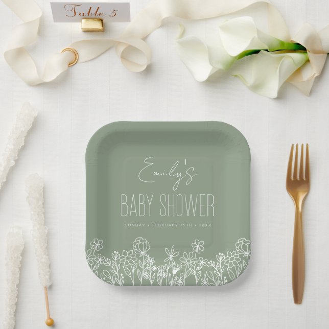 Sage Green Wildflower Boho Baby Shower In Bloom Paper Plates (Wedding)