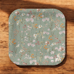 Sage Green Wildflower Boho Baby Shower In Bloom Paper Plates