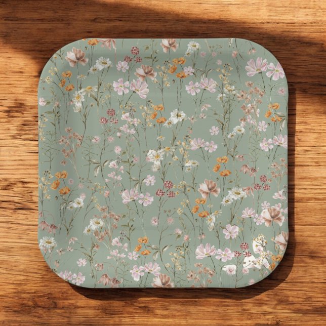 Sage Green Wildflower Boho Baby Shower In Bloom Paper Plates (Creator Uploaded)