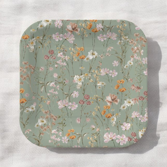 Sage Green Wildflower Boho Baby Shower In Bloom Paper Plates (Creator Uploaded)