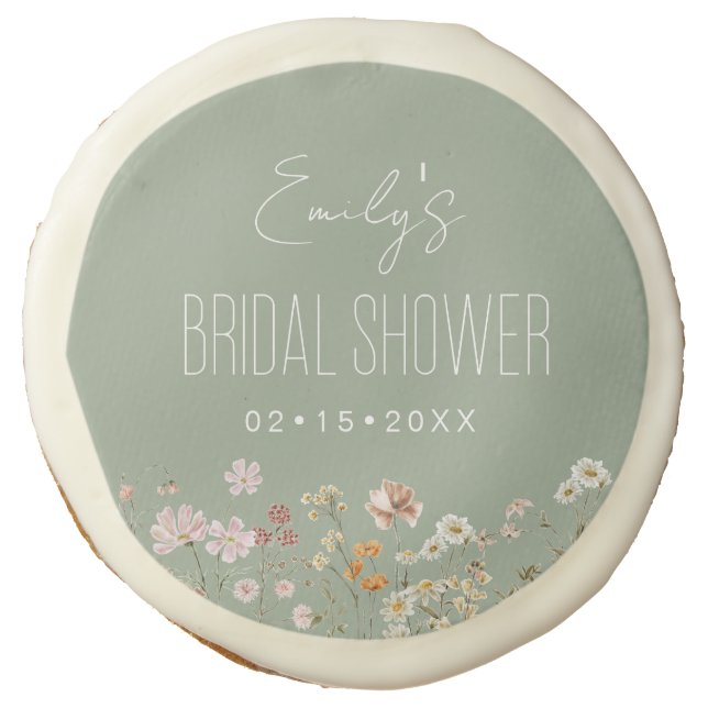 Sage Green Wildflower Boho Bridal Shower Garden Sugar Cookie (Front)