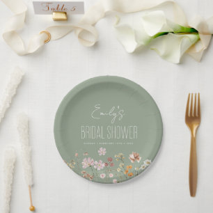 Sage Green Wildflower Boho Bridal Shower In Bloom Paper Plates