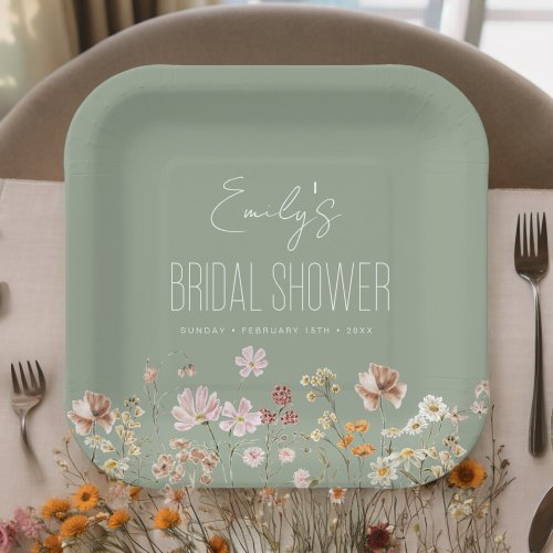 Sage Green Wildflower Boho Bridal Shower In Bloom Paper Plates