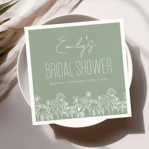 Sage Green Wildflower Boho Bridal Shower Napkins